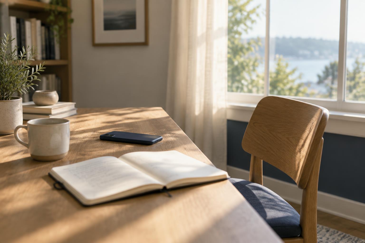A quiet home office corner with a wooden desk, an open notebook, and a chair by a bright window