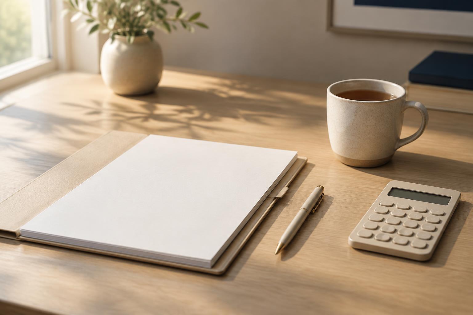 A tidy desk with a folder, a pen, a mug, and a small calculator in soft daylight