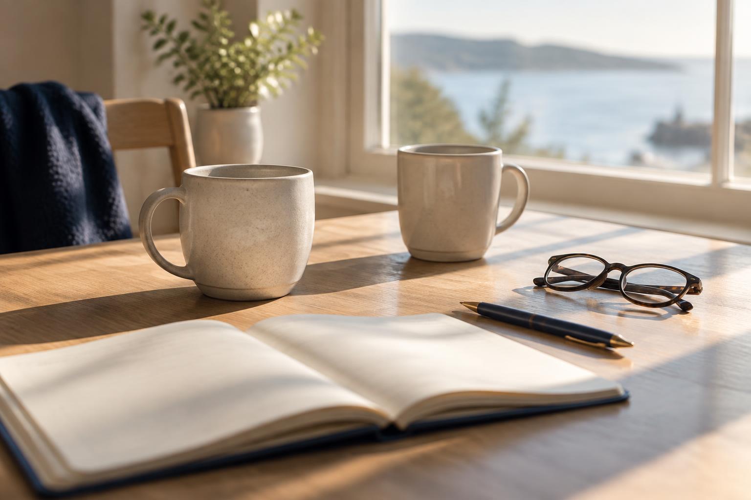 A sunlit kitchen table with two mugs, an open notebook, and reading glasses by a window