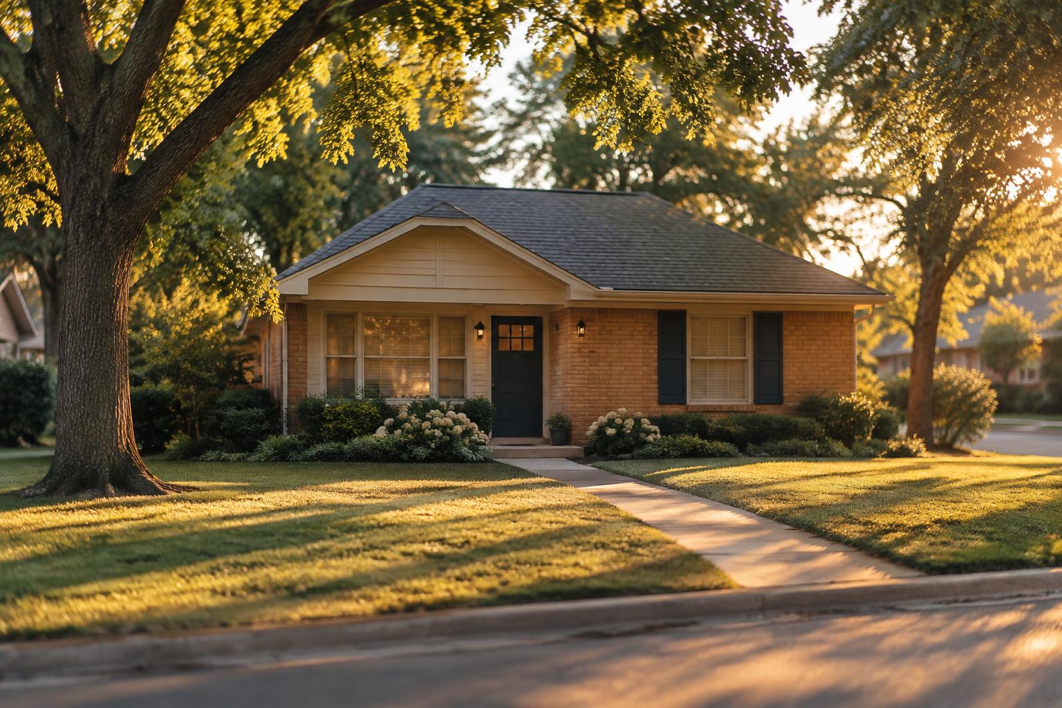 A modest single-story brick house on a quiet street in late afternoon light