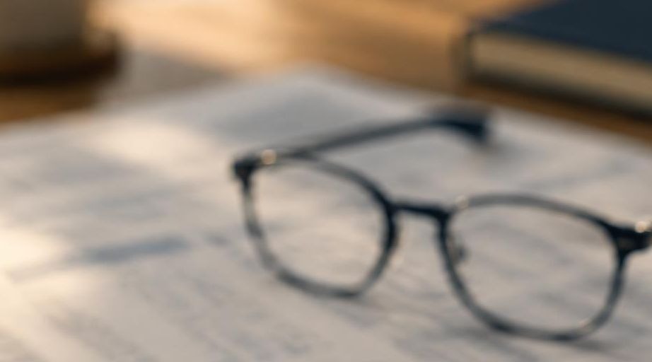 Reading glasses resting on soft out-of-focus printed pages